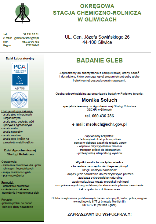 Oferta Okręgowej Stacji Chemiczno-Rolniczej w zakresie badania gleb