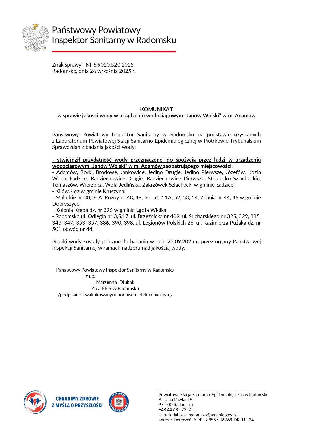 Komunikat w sprawie jakości wody w miejscowościach Kijów i Łęg – Aktualizacja